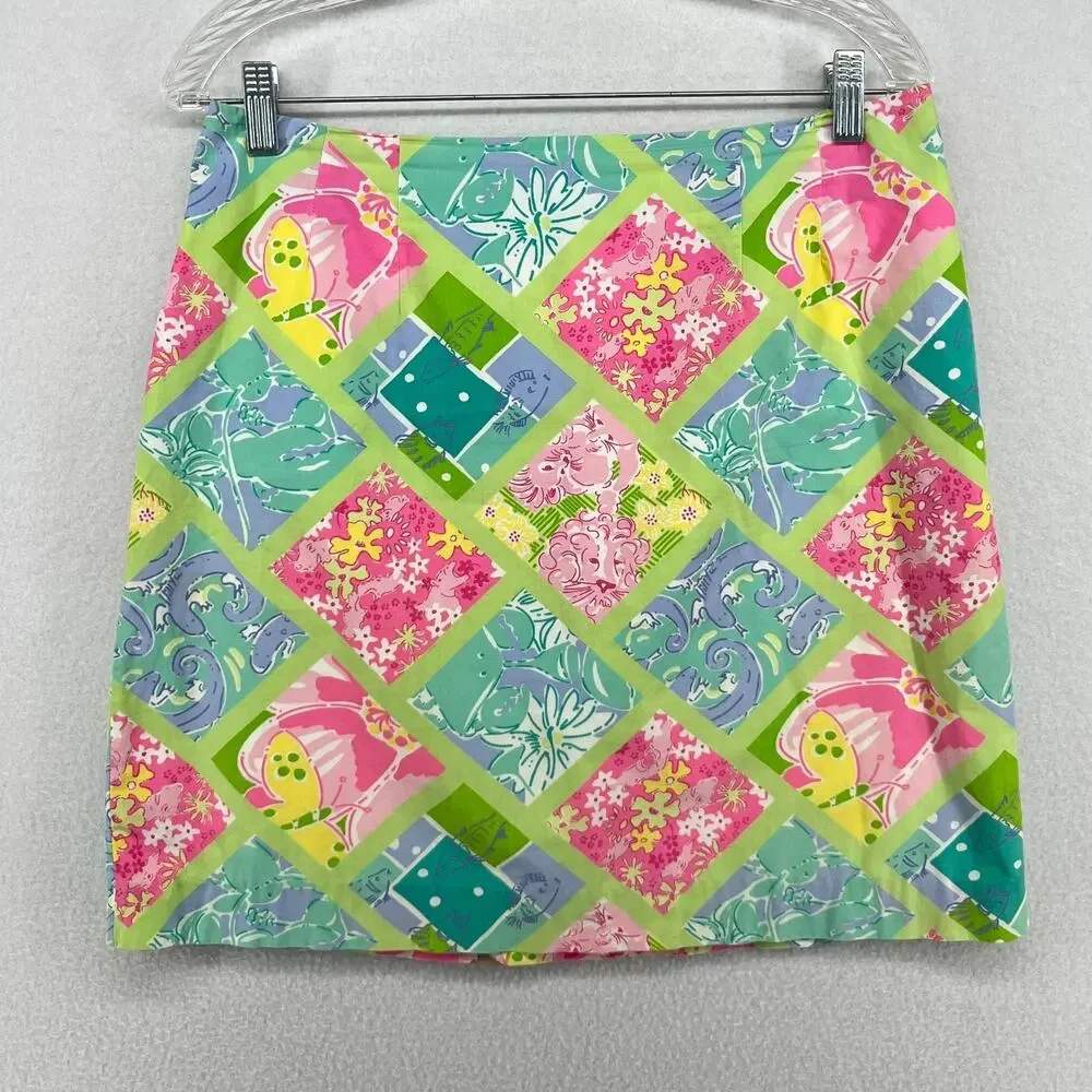 LILLY PULITZER Skirt 8 Surf N Patch Floral Straight Pencil Cotton Green VTG